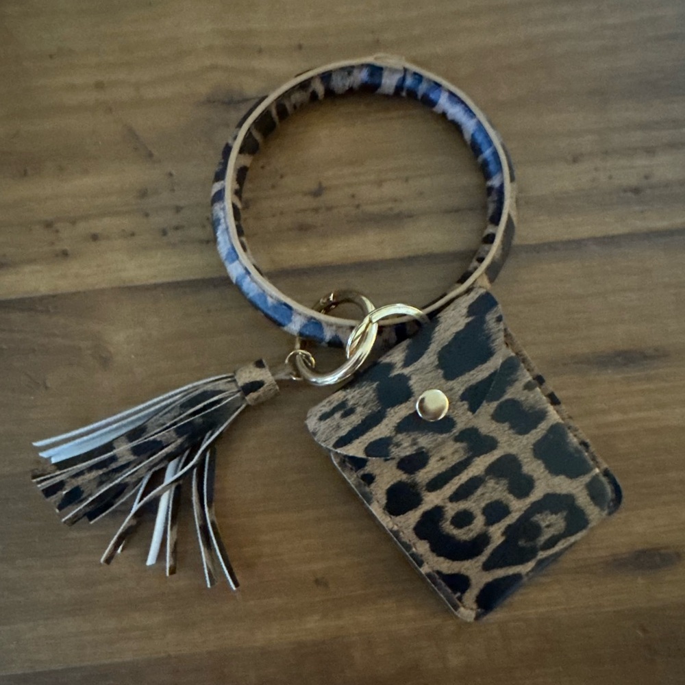 Leopard Print Keychain Card Holder Bangle Bracelet with Tassel